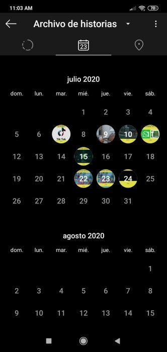 Affichage du calendrier des histoires IG
