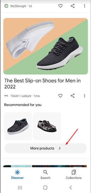 Bouton Plus de produits dans Google Discover