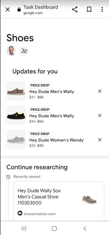 Tableau de bord des tâches dans Google Discover