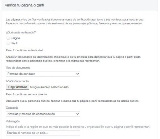 Formulaire de vérification de la page Facebook