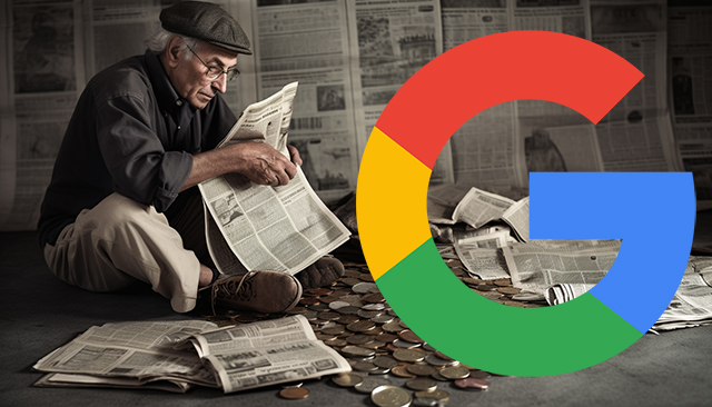 Homme assis sur de l'argent tenant un journal Google Logo