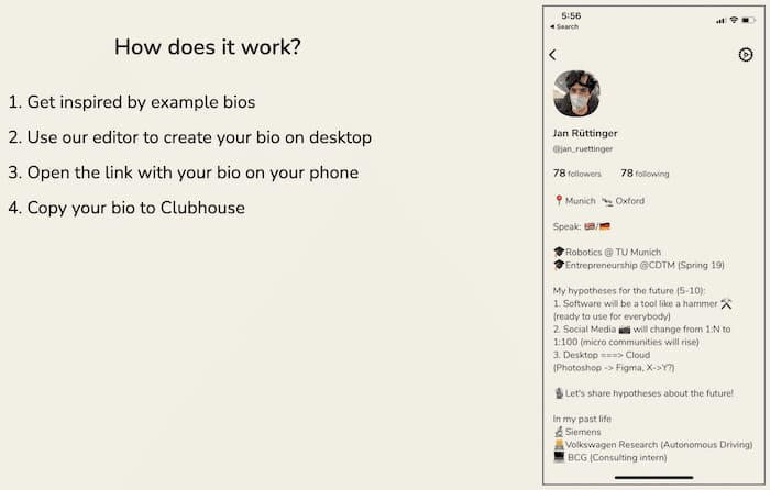 Capture d'écran Clubhouse Bio Builder