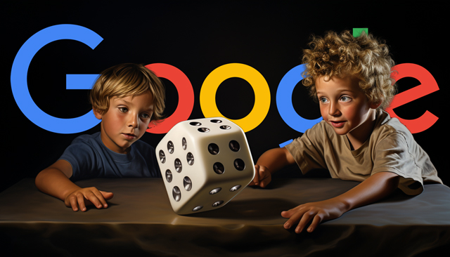 Enfants jouant avec le logo Google de dés géants