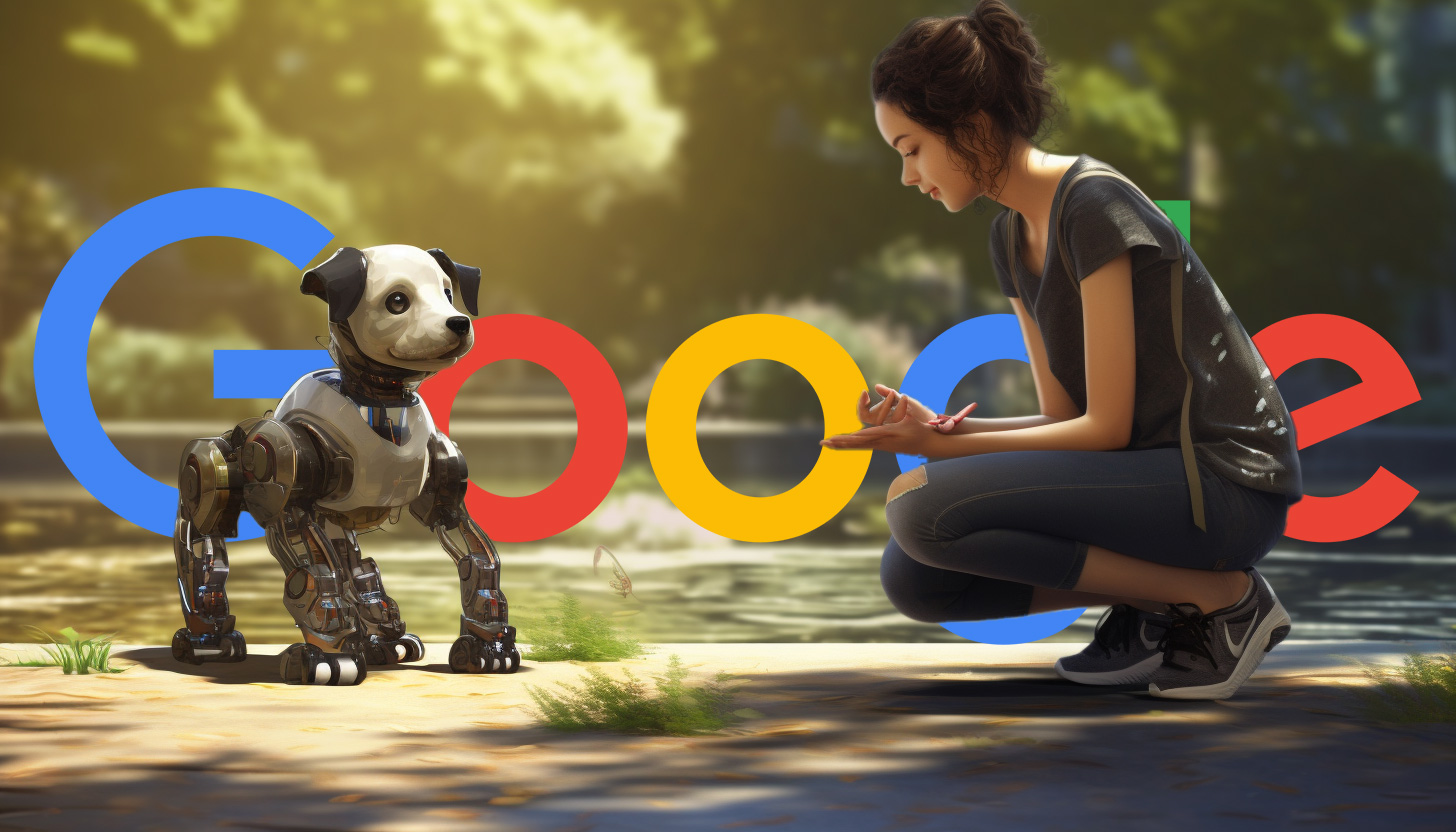 femme, regarder, robot, chien, google, logo