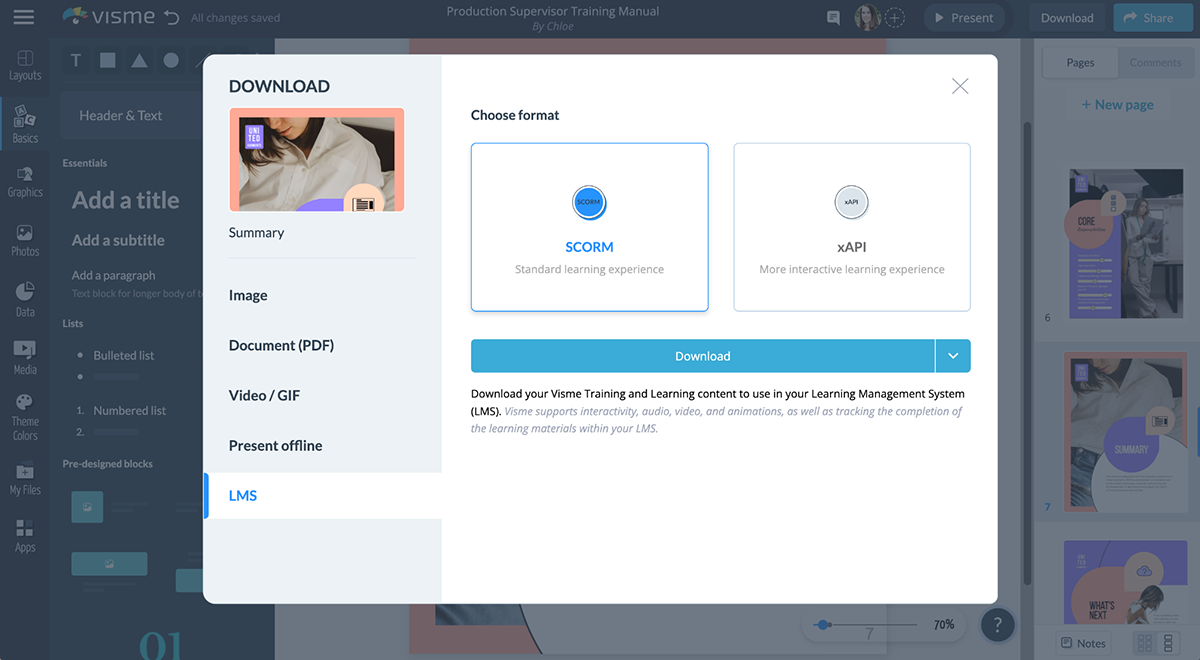 outil de création de contenu - exporter dans différents formats