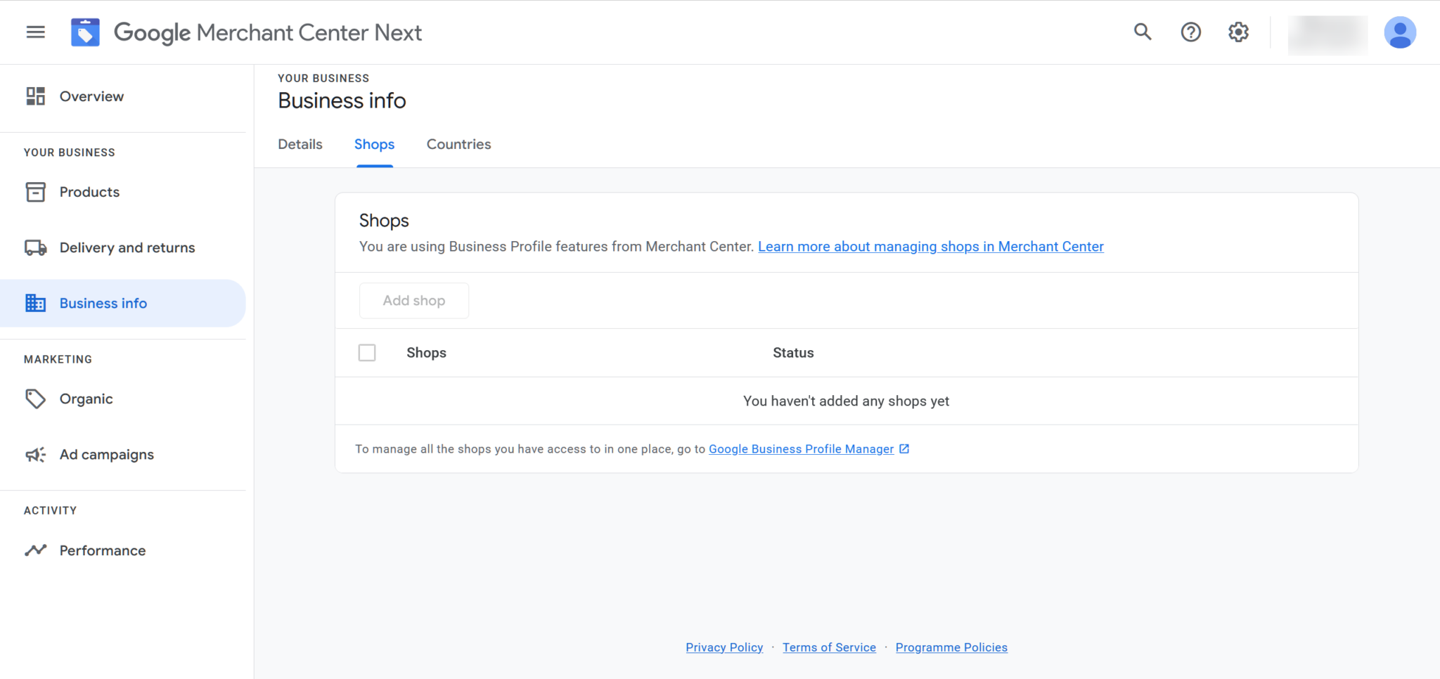 Informations sur l'entreprise suivante de Google Merchant Center