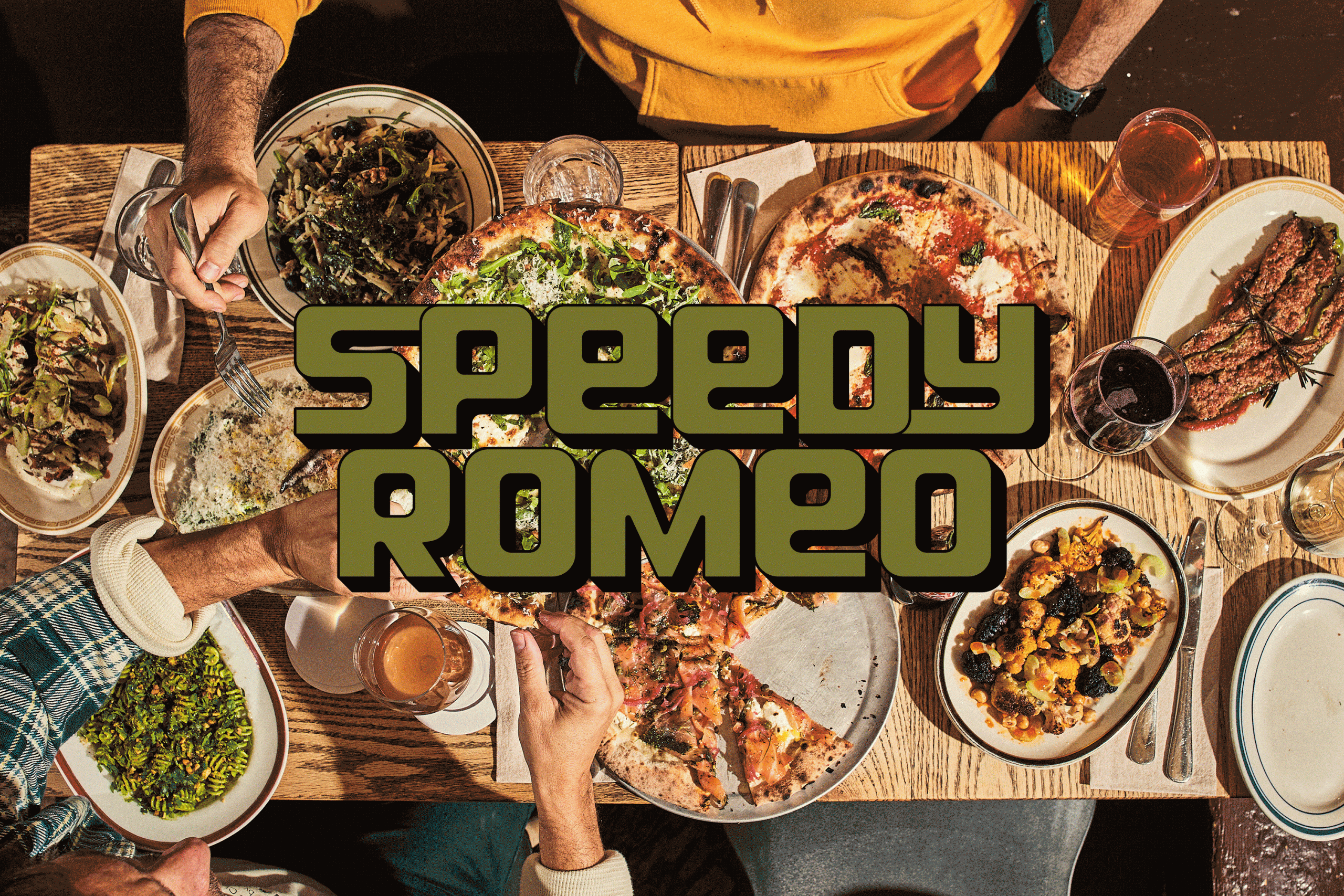 Image montrant la nouvelle image de marque de la pizzeria Speedy Romeo, centrée sur des motifs de chevaux