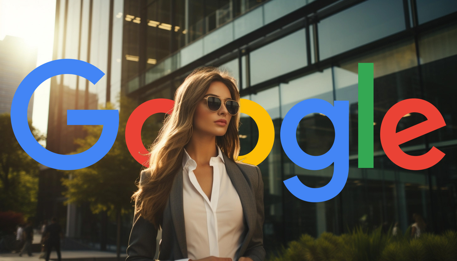 Femme propriétaire d'entreprise à l'extérieur du bâtiment logo Google