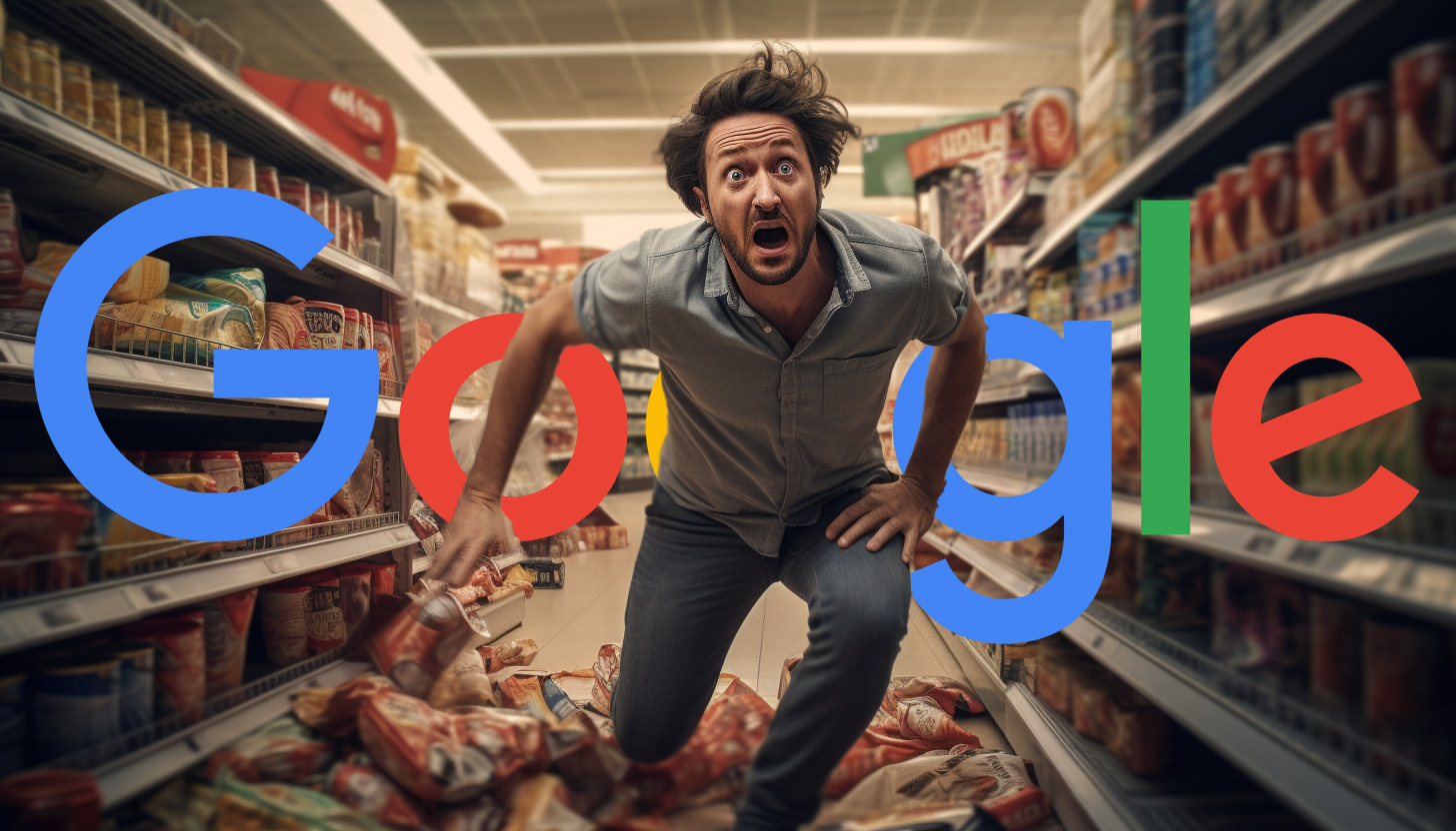 Homme bouleversé dans les produits du magasin tombant du logo Google