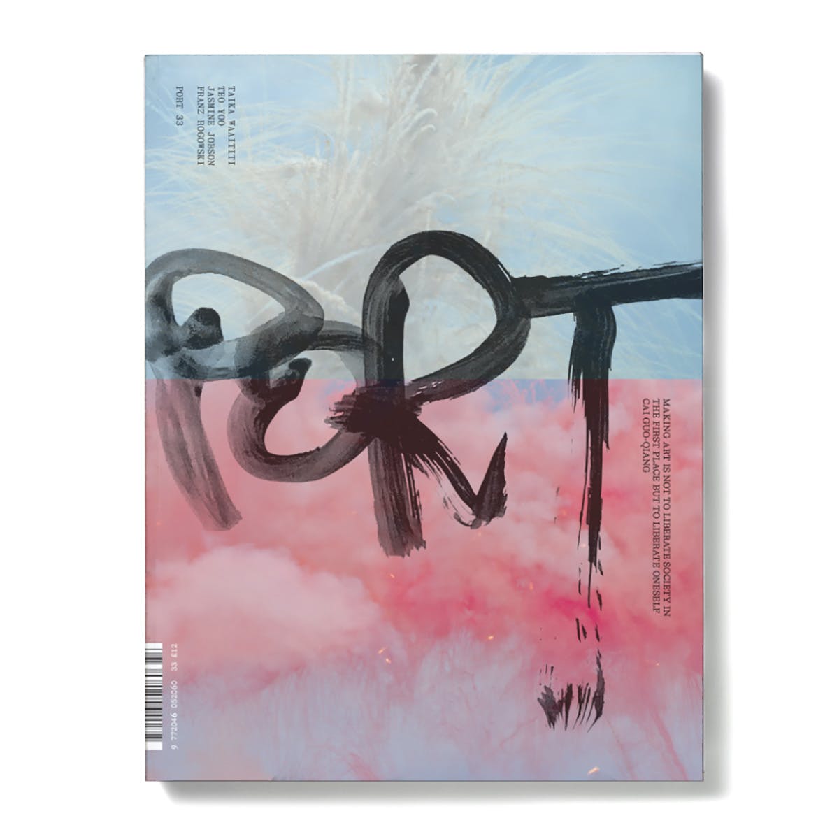 Photo de la couverture du magazine Port avec l'en-tête manuscrit en épais coups de pinceau noirs sur une image abstraite rose et bleue
