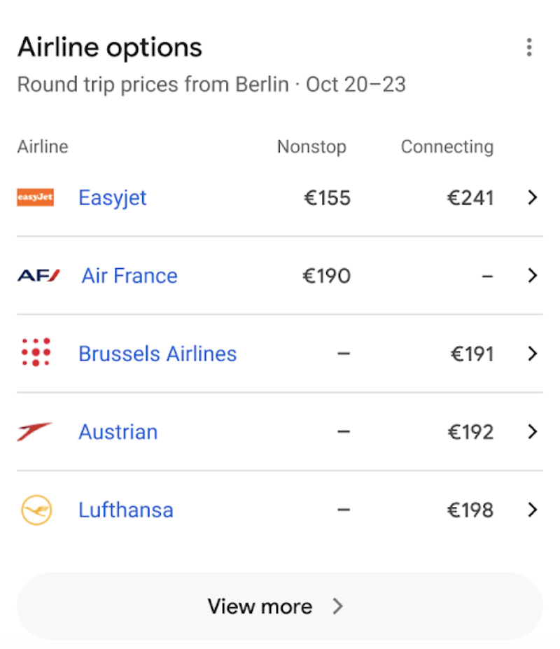 Options des compagnies aériennes de recherche Google