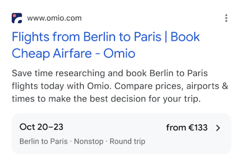 Vols avec résultats enrichis dans la recherche Google