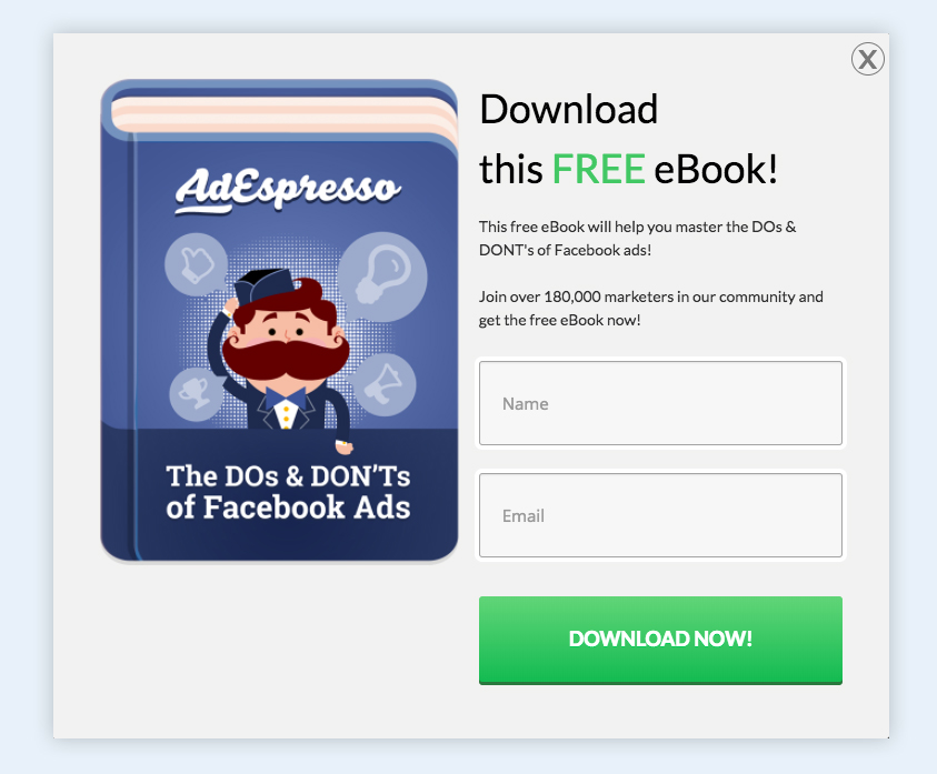 guide visuel pour les popups d'intention de sortie, exemple adespresso