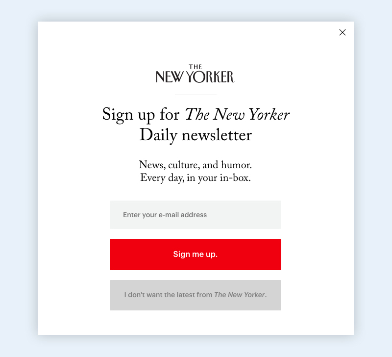 guide visuel pour les popups d'intention de sortie, l'exemple du New Yorker