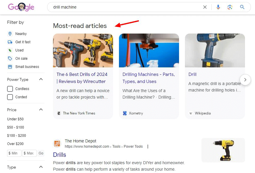 Carrousel des articles les plus lus de Google