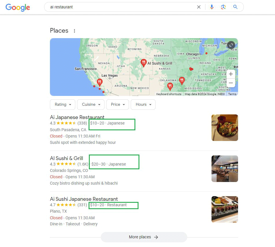 Tarifs des restaurants du pack local Google