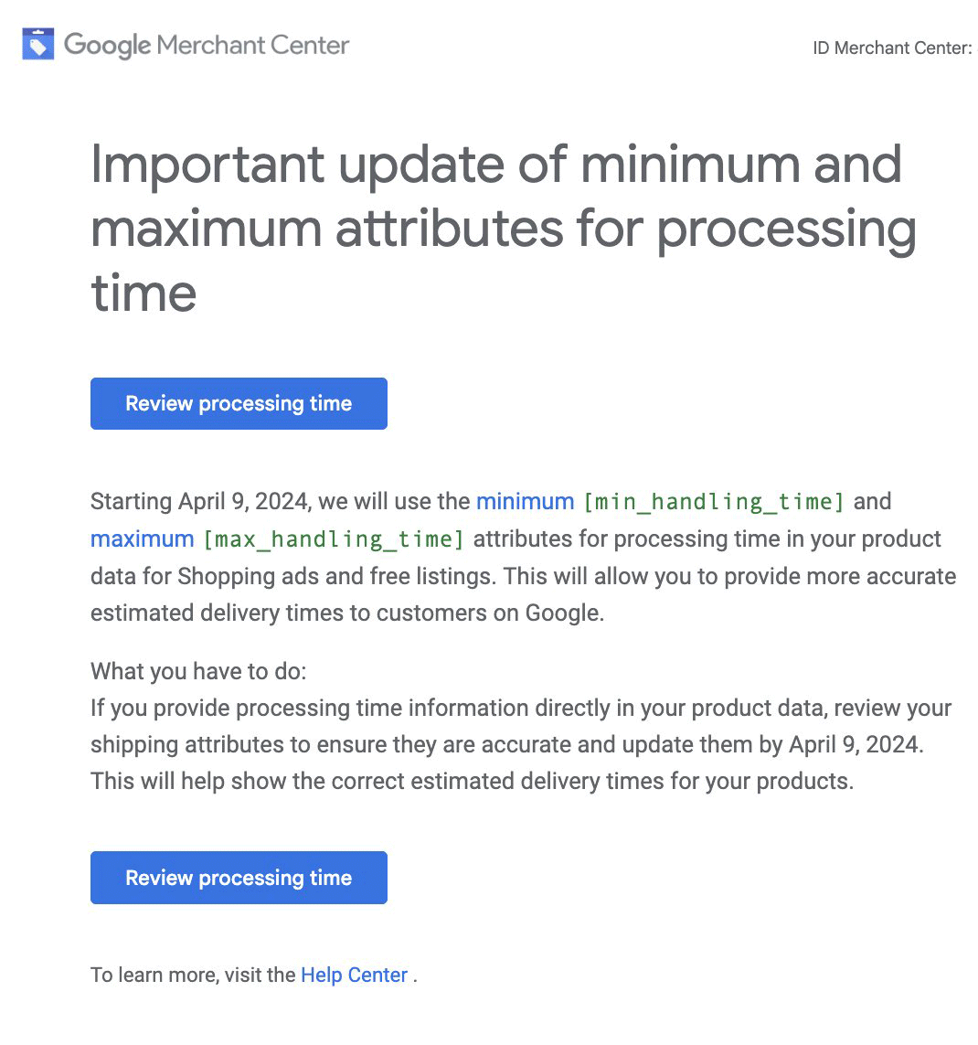 E-mail sur les délais de livraison de Google Merchant Center