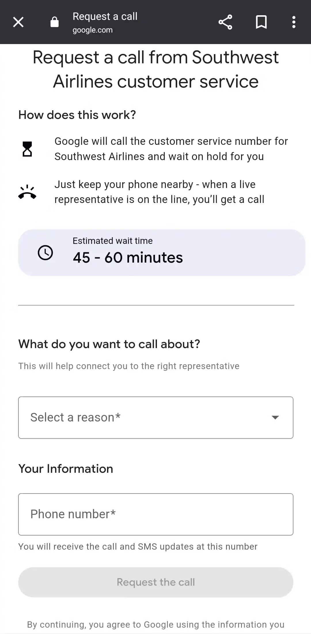Recherche Google Demander un temps d'attente d'appel