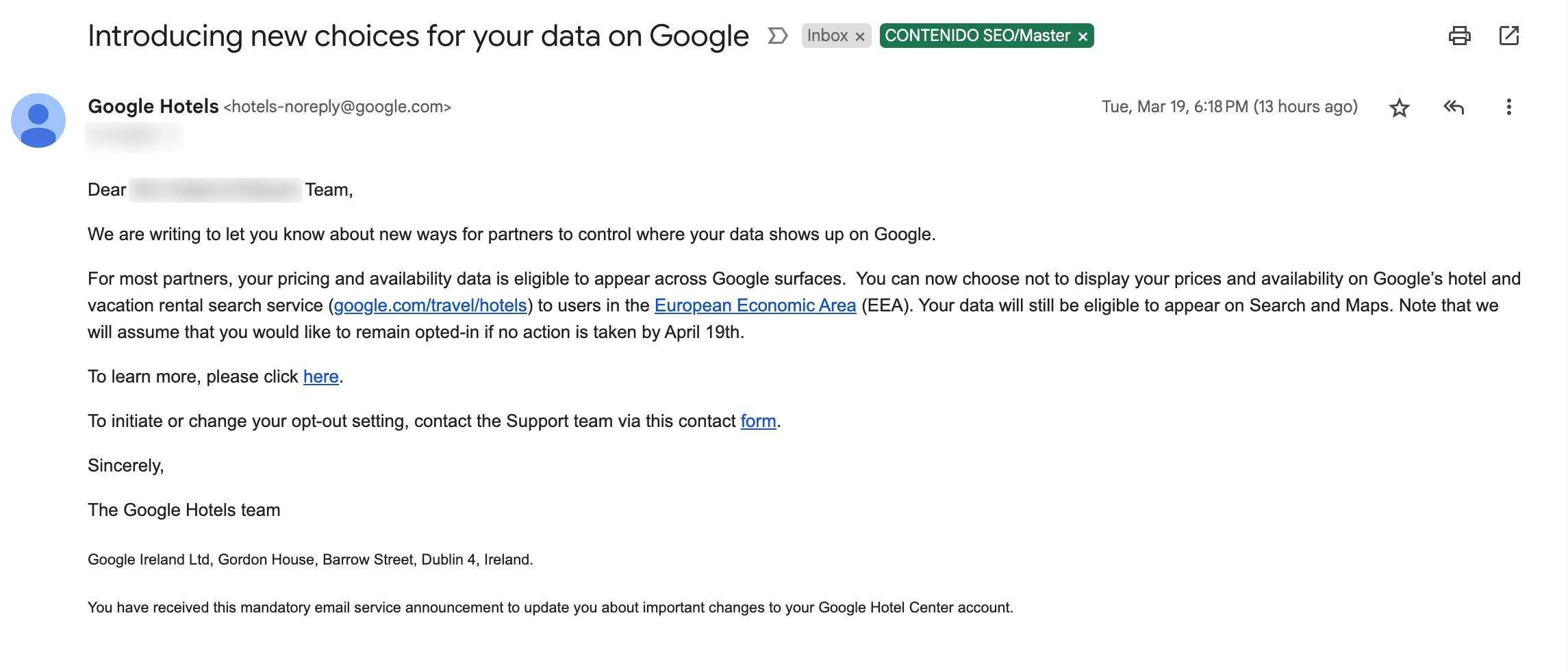 E-mail de Google Hôtel Europe