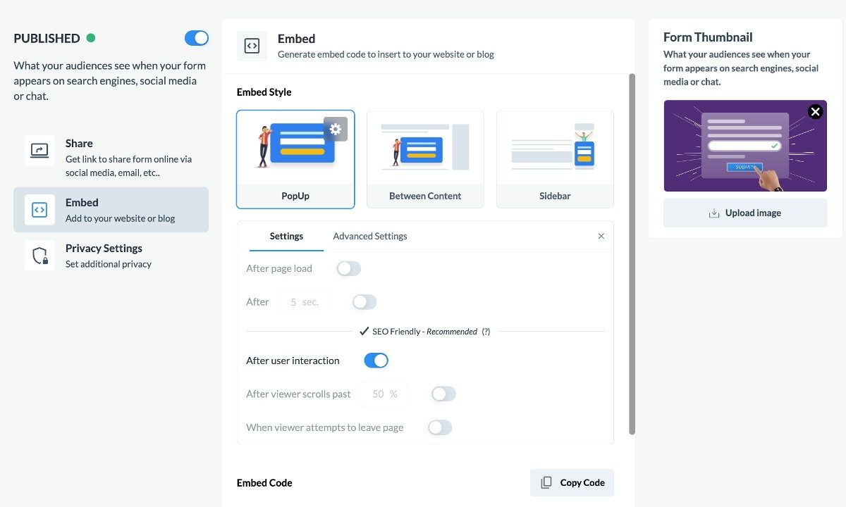 Paramètres du formulaire contextuel dans Visme