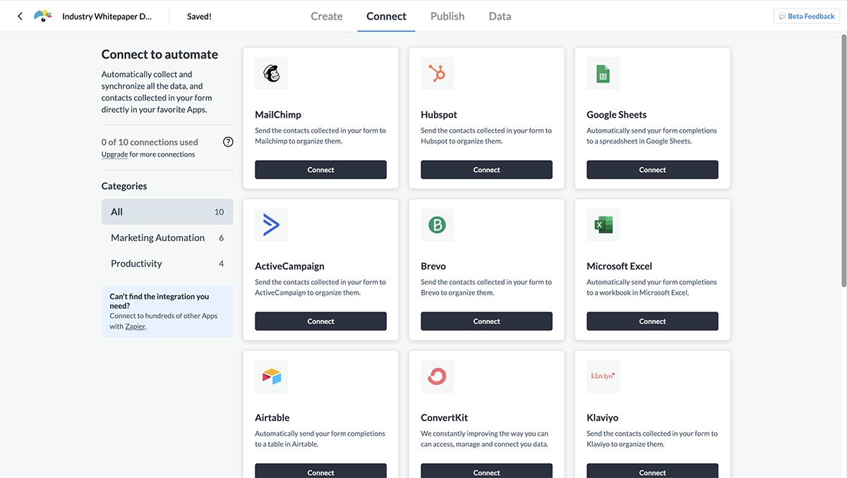 capture de leads - une capture d'écran des intégrations de formulaires Visme