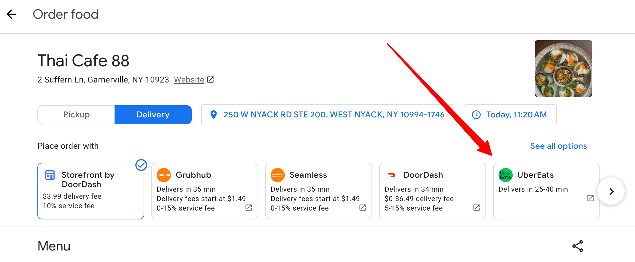 Commande de recherche Google Uber Eats en ligne