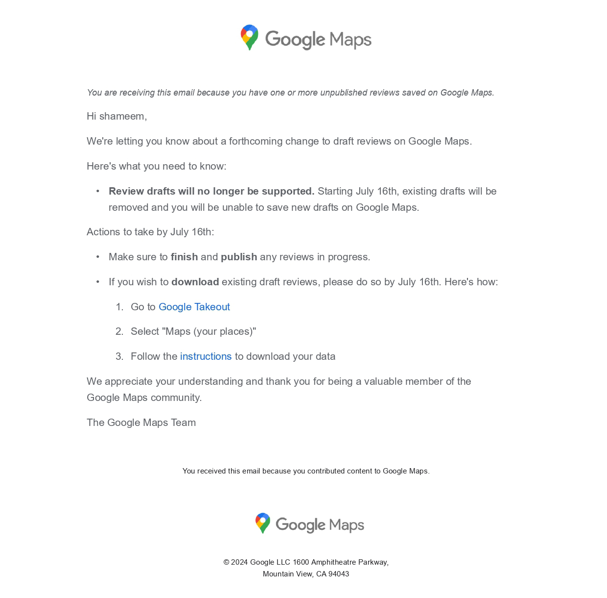 Avis par courrier électronique sur les brouillons de révision de Google Maps