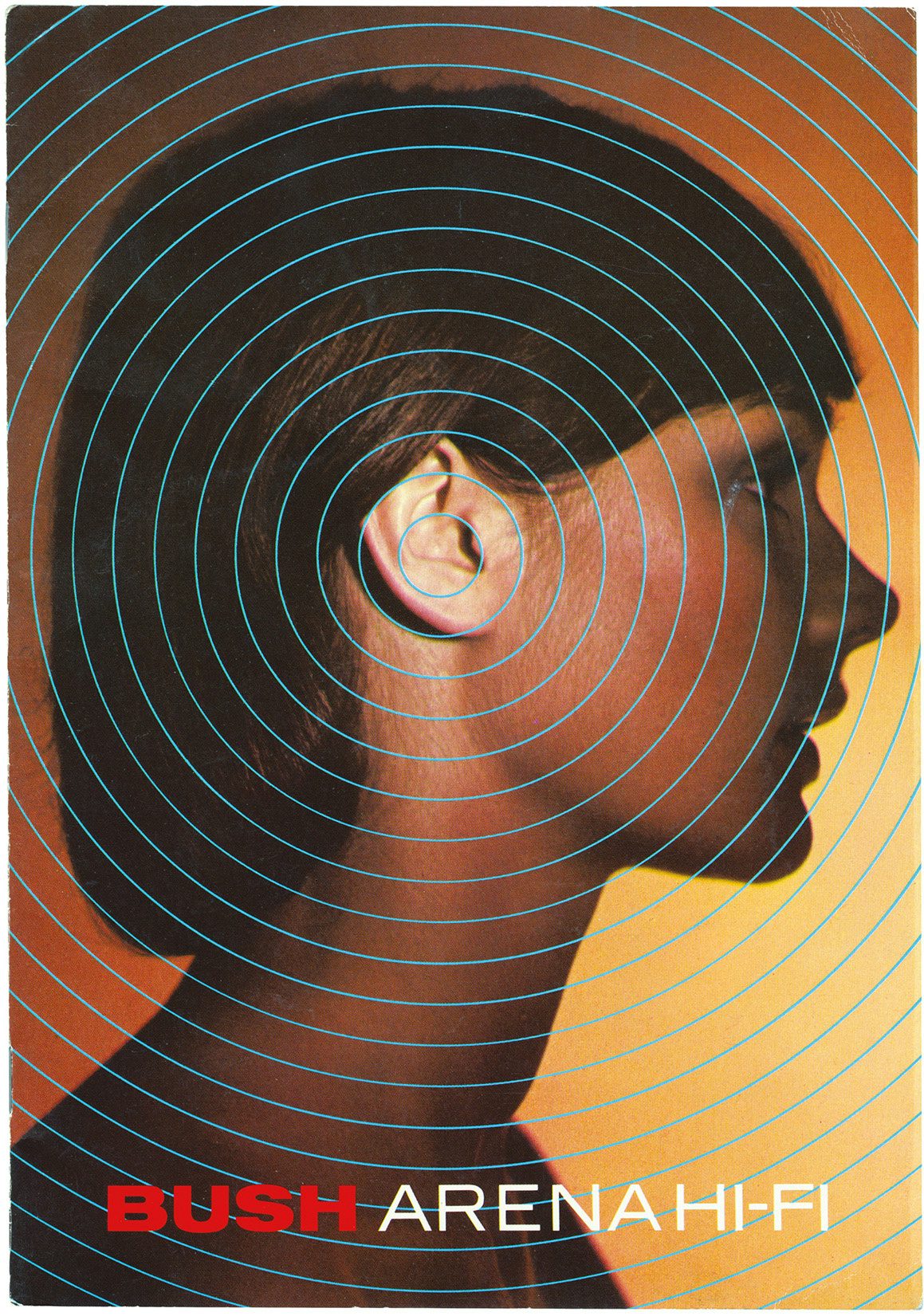 Affiche présentant une photo de profil d'une personne aux cheveux mi-longs sur un fond orange, recouverte d'un motif de cercles concentriques