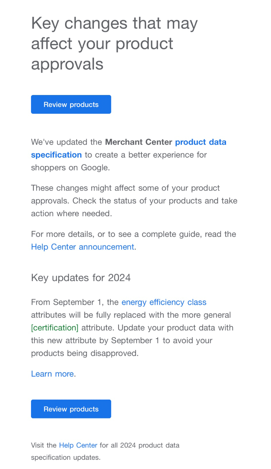 E-mail de notification concernant les données produit de Merchant Center