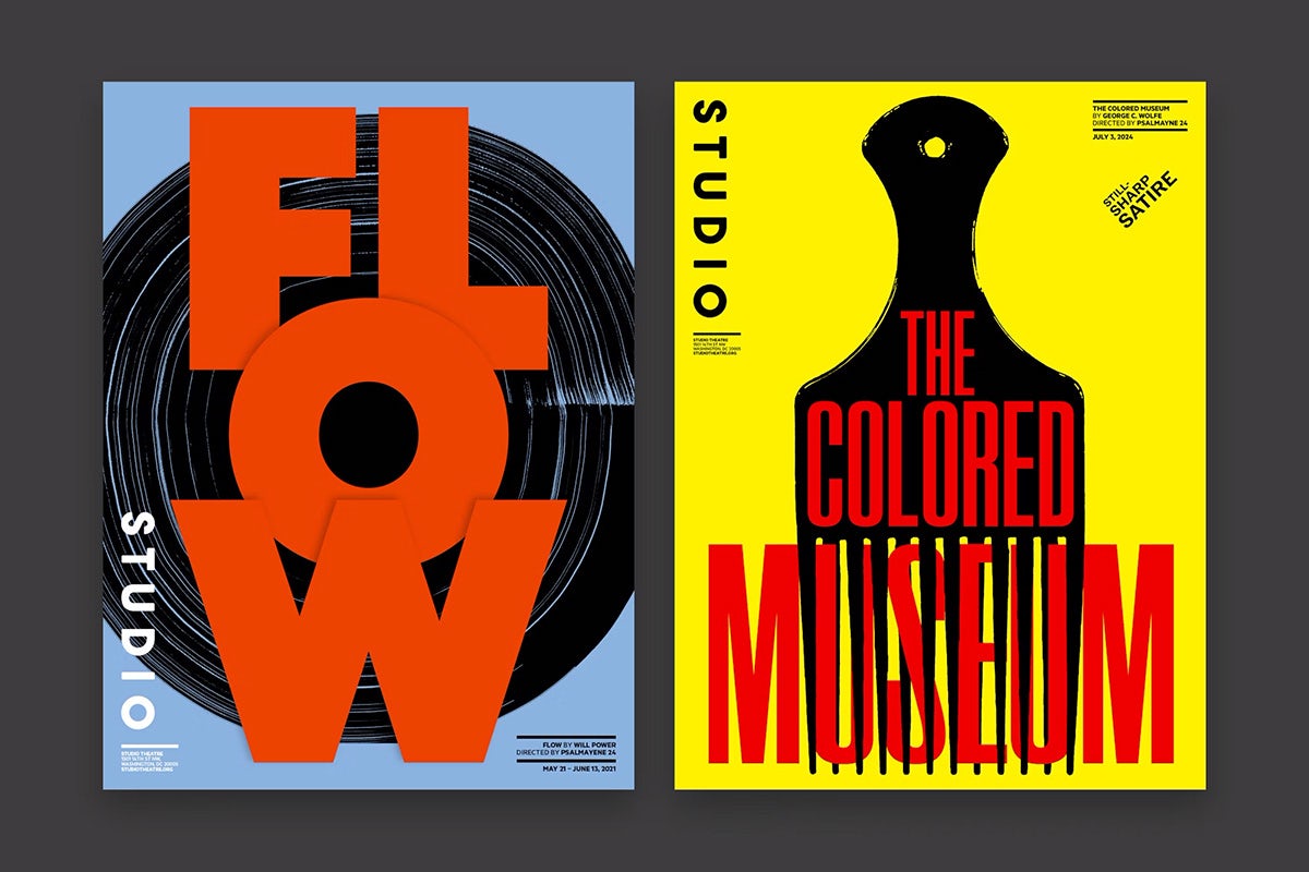 Deux affiches côte à côte, l'une comporte le mot « flow » en lettres rouges épaisses réparties sur trois lignes, l'autre indique « le musée coloré » en lettres rouges allongées posées sur une illustration d'un peigne afro.