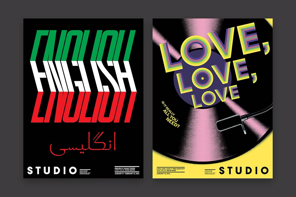 Deux affiches côte à côte, l'une avec l'inscription « English » en vert, blanc et rouge, l'autre avec « love love love » posée sur l'illustration d'un disque vinyle.