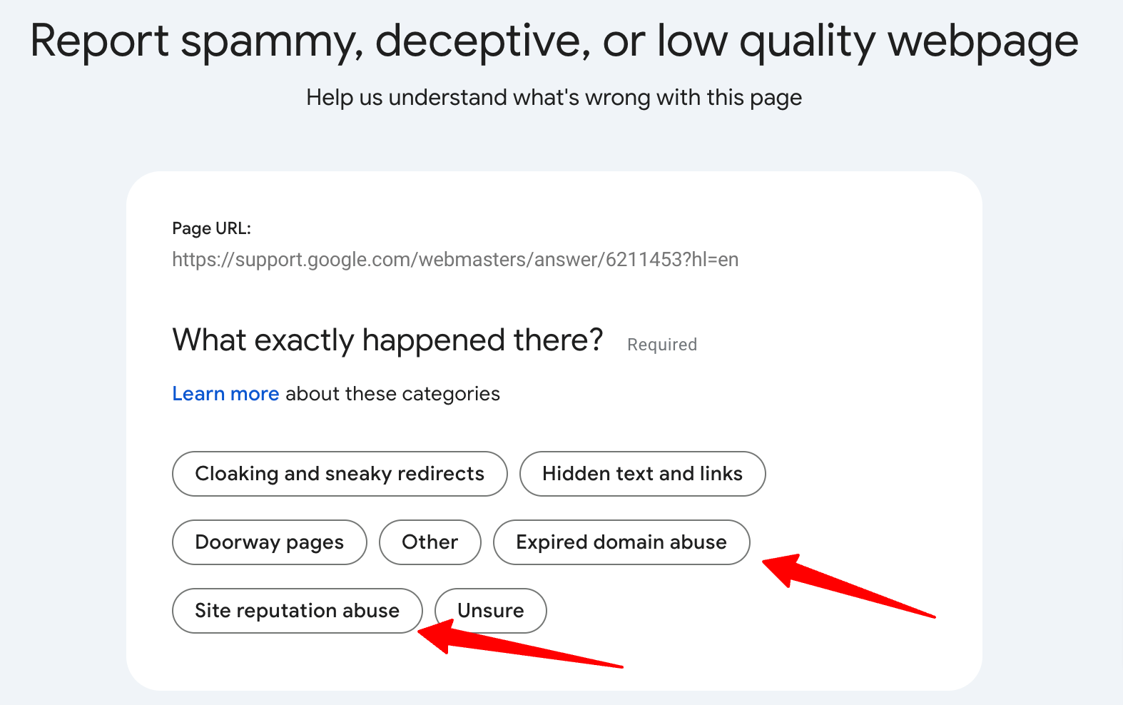 Rapport de spam Google Abus du représentant du site expiré