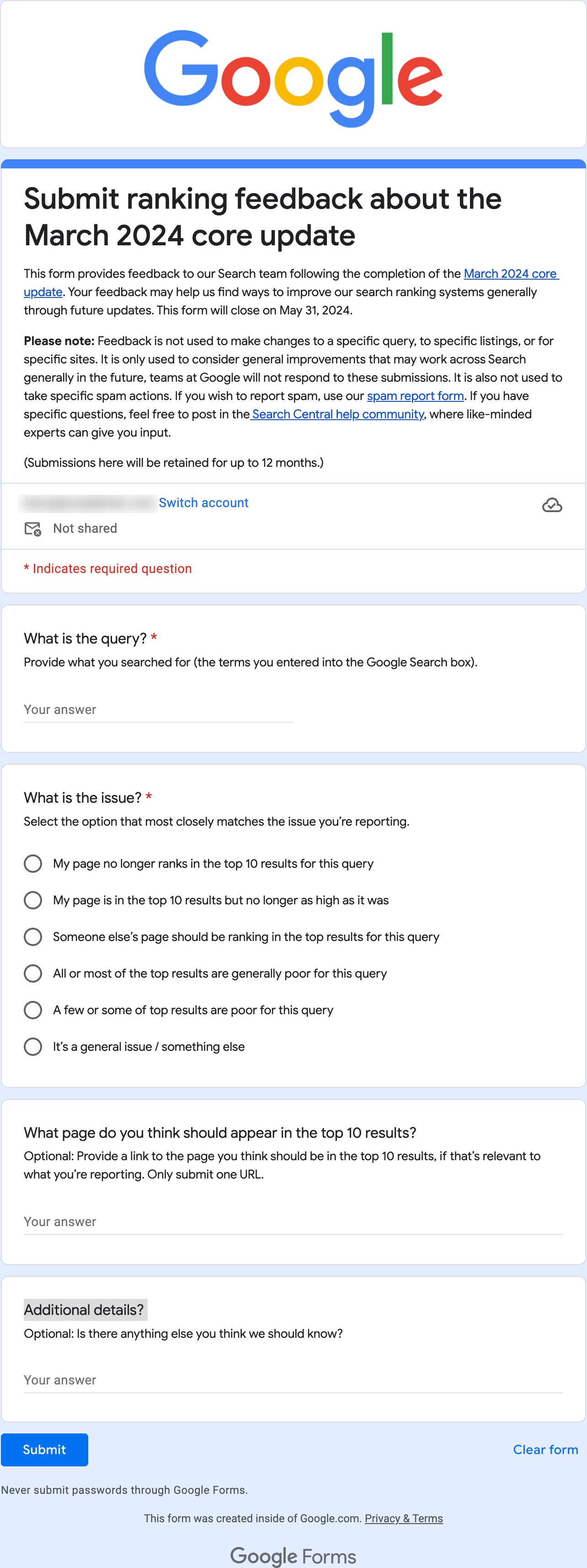 Formulaire de commentaires sur la mise à jour Google Core