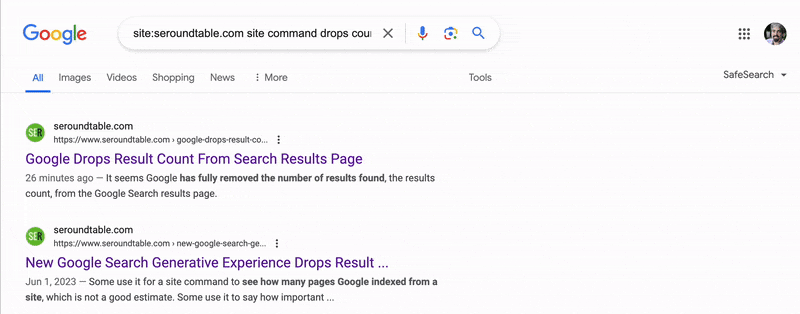 Nombre de résultats Google sous Outils