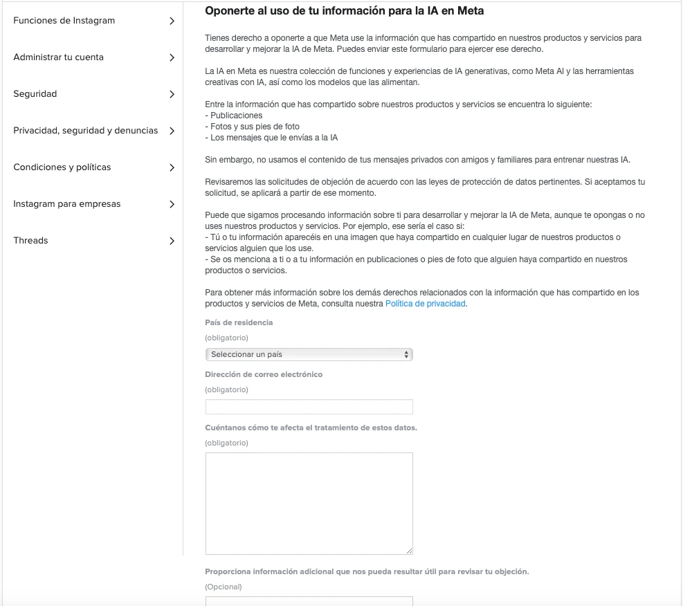 formulaire pour s'opposer à la formation Instagram sur l'IA