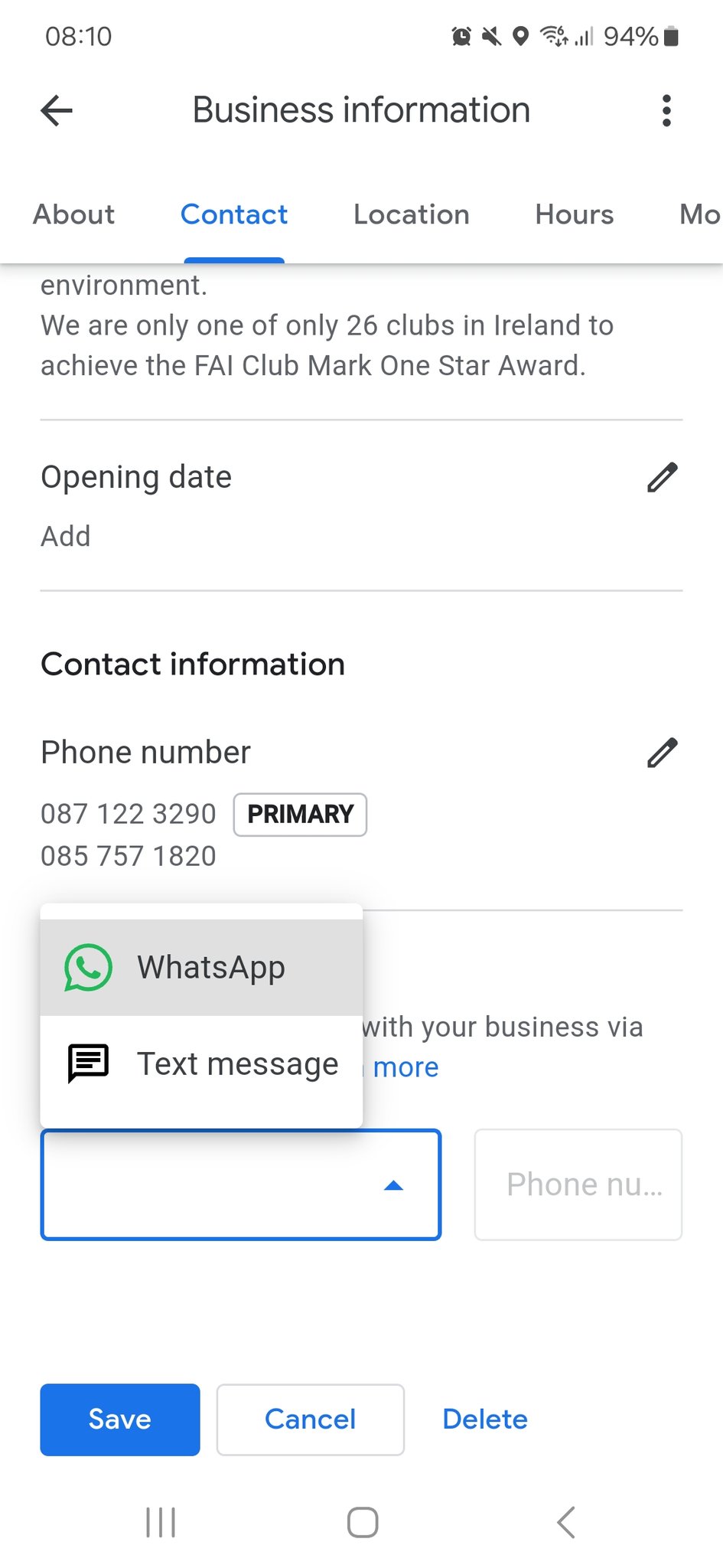 Profils d'entreprise Google Discutez avec SMS Whatsapp