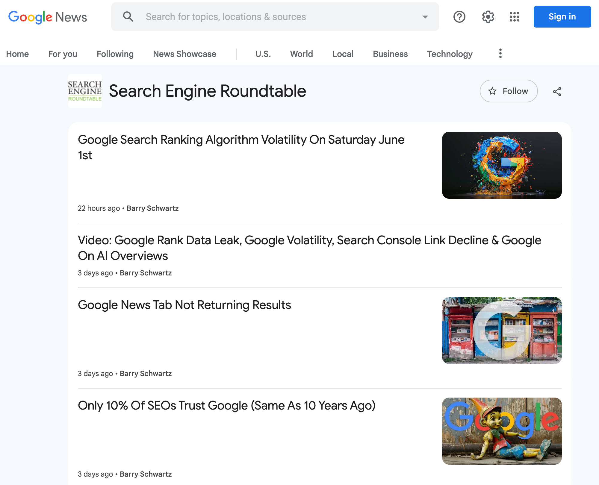 Page des sources d'actualités Google