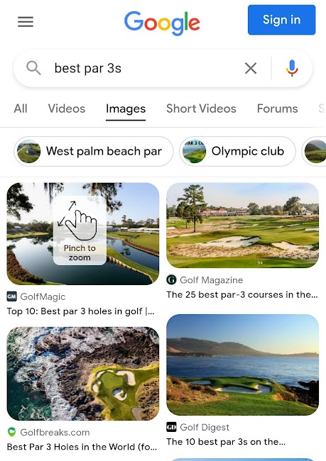 Google Images Mobile Pincer pour zoomer