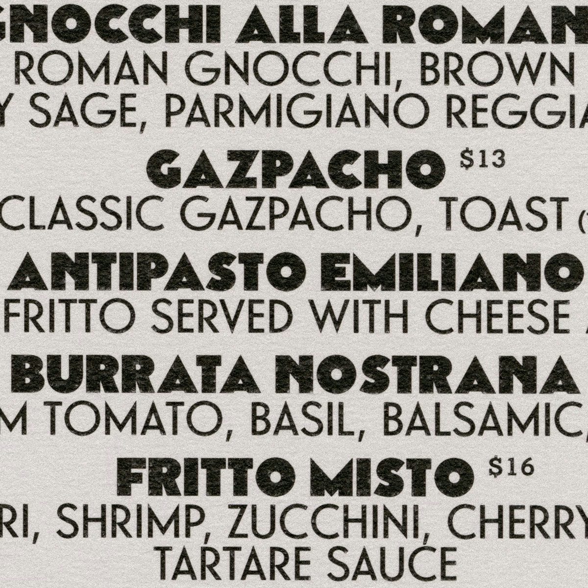 Le menu de Bacan est présenté avec des lettres épaisses d'inspiration futuriste et une police de caractères plus fine.