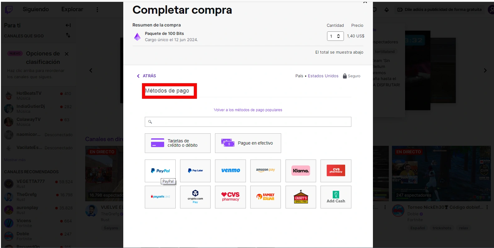 photo des moyens de paiement disponibles sur Twitch