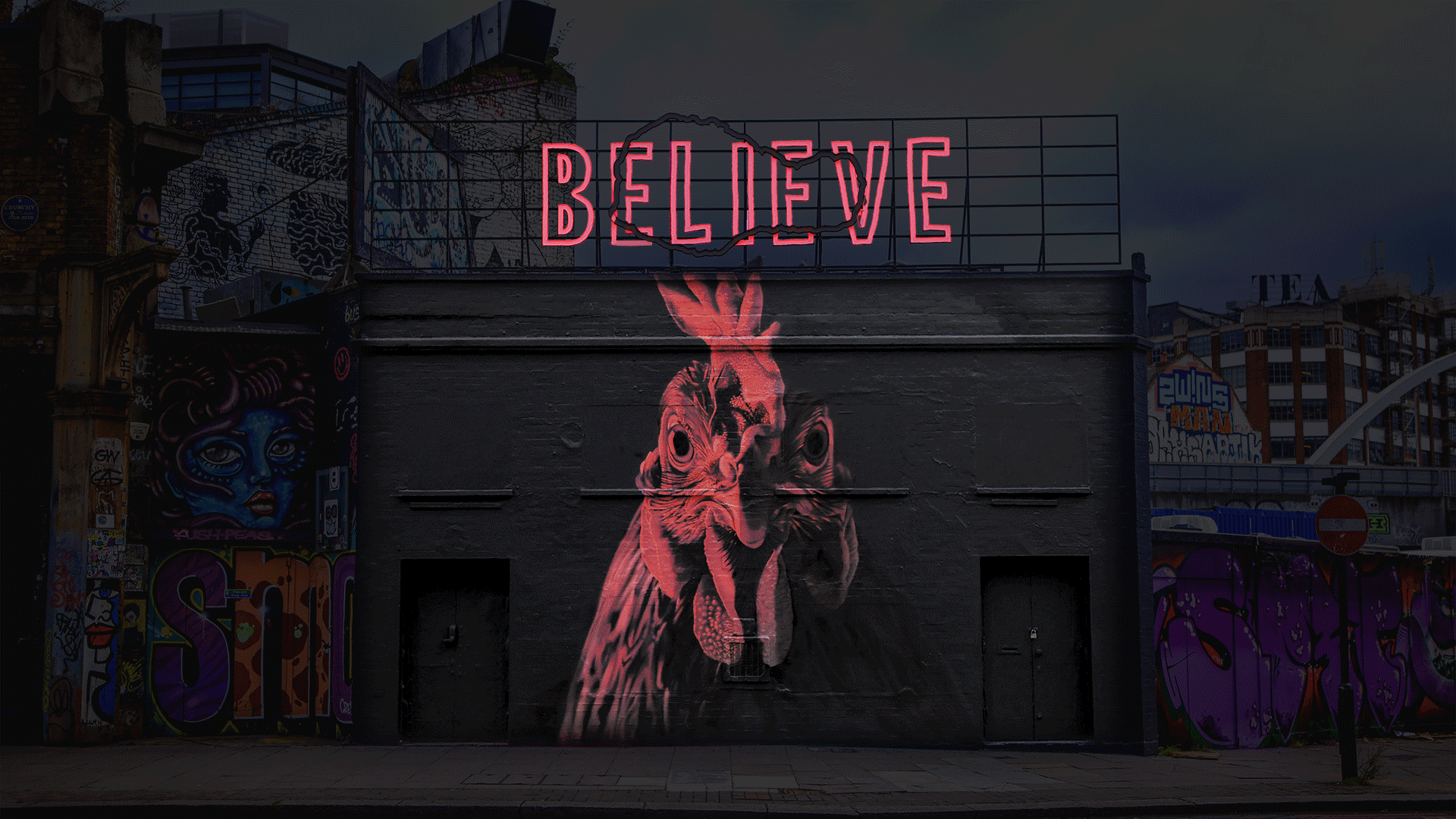 Animation of KFC's outdoor display on the side of a black building featuring a chicken icon and the word 'believe' illuminated in red above it