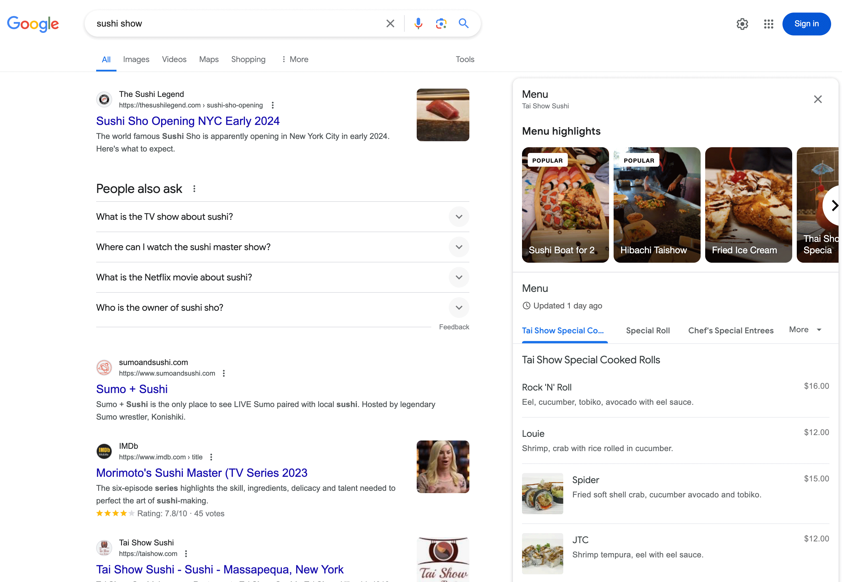 Menu du panneau local Google