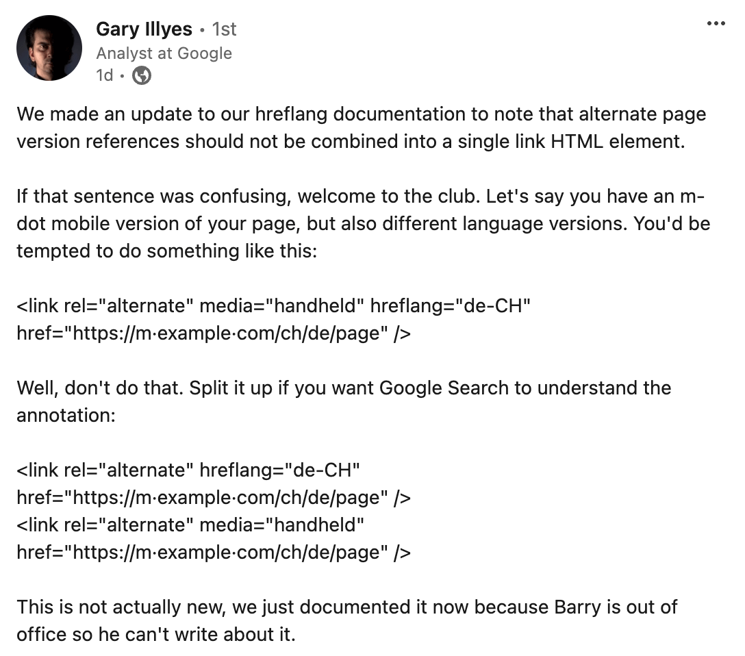 Gary Illyes Hreflang Article Linkedin
