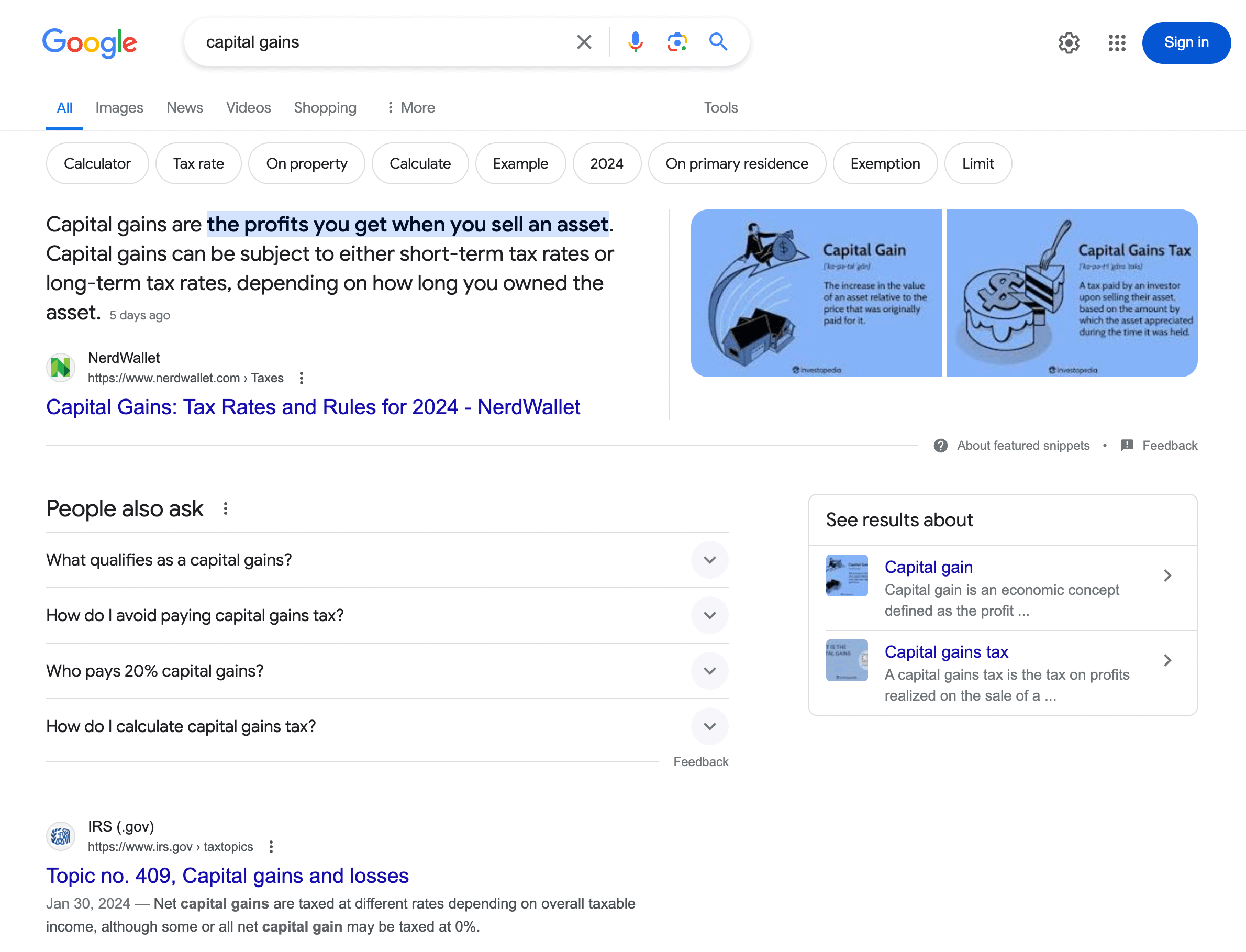 Gains en capital des extraits en vedette de Google