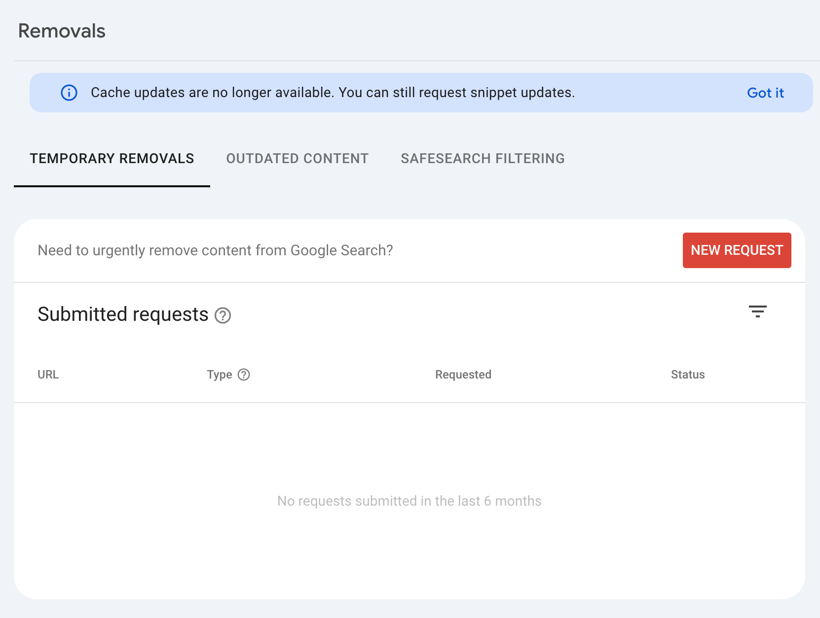 Cache de l'outil de suppression de la console de recherche Google Non