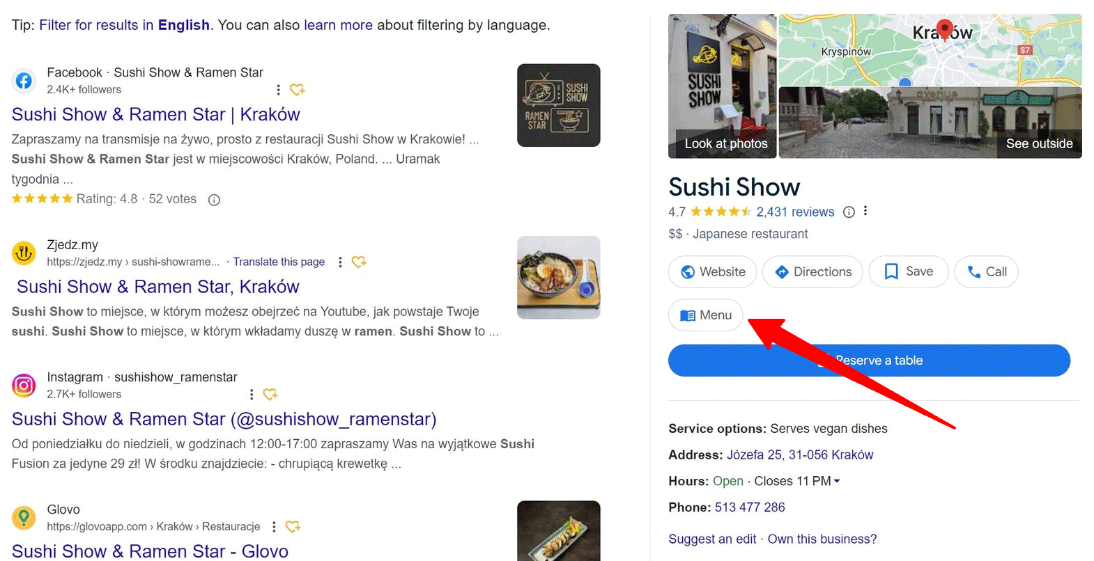Bouton de menu du panneau local Google