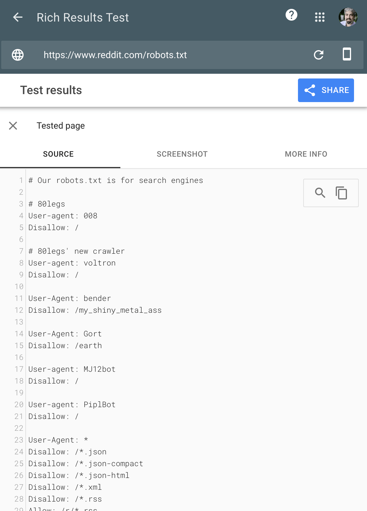 Test des résultats enrichis de Google sur Reddit Robotstxt