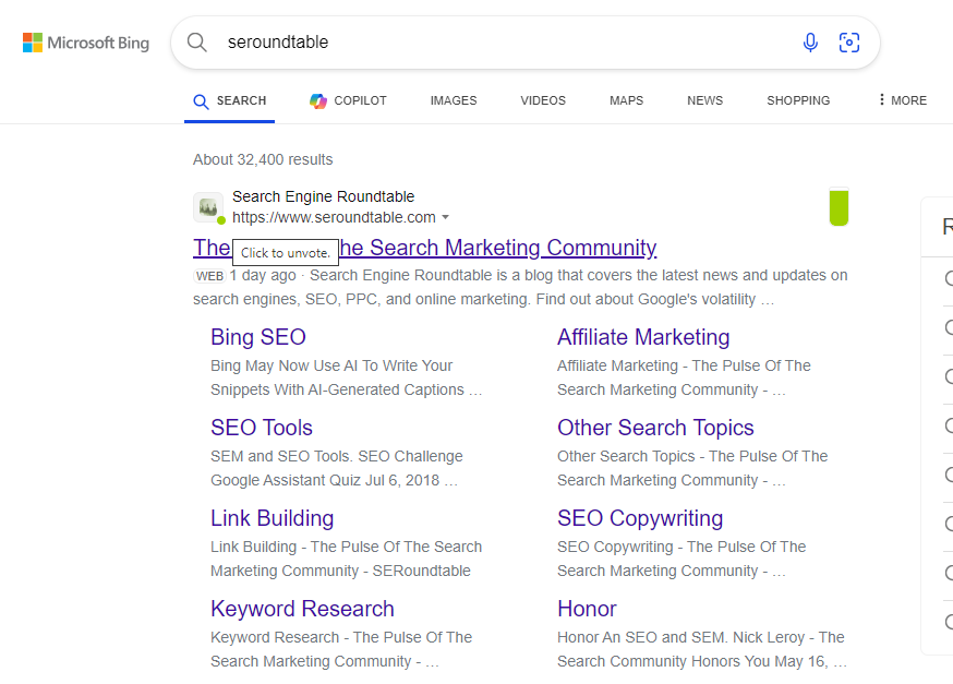 Bouton de vote pour les résultats de recherche Bing