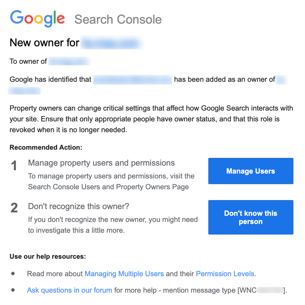 E-mail du nouveau propriétaire de la Search Console de Google