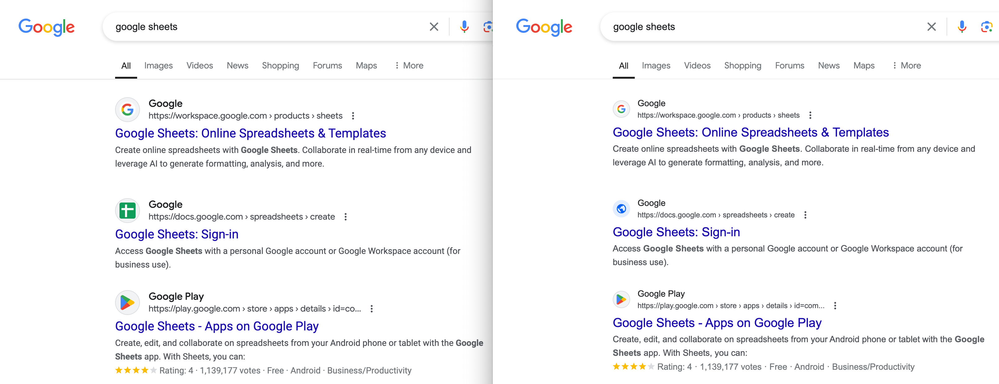 Favicon de nom de site plus grand de Google côte à côte